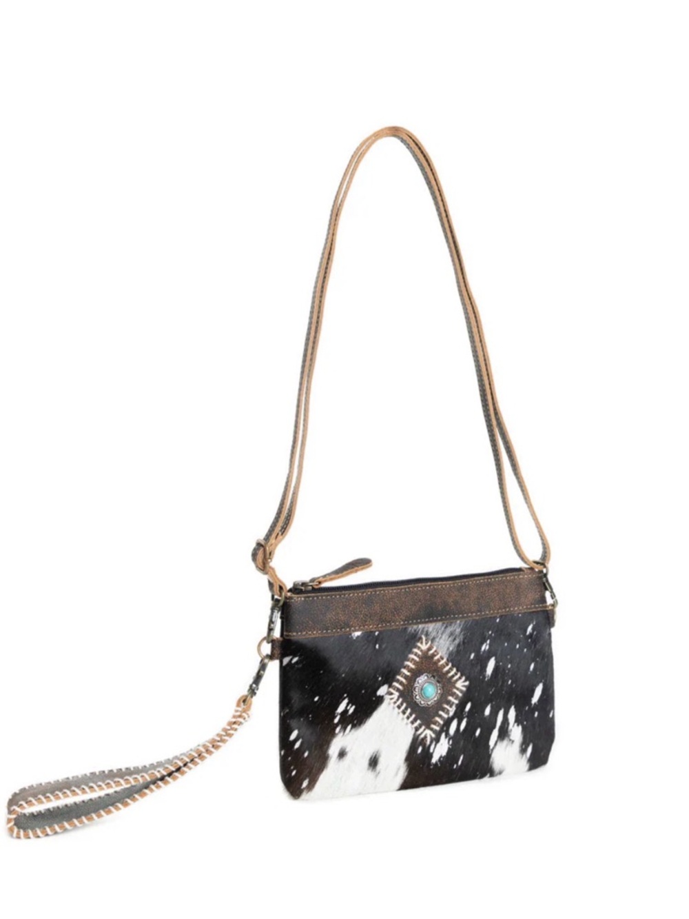 NWT Cowhide Crossbody Bag with Turquoise Accent - Black & White - Picture 2 of 6